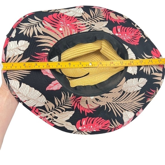 C.C Floppy Wide Brim Tan Straw Sun Hat Floral Pattern Ribbon & Adjustable Ties - Picture 7 of 12